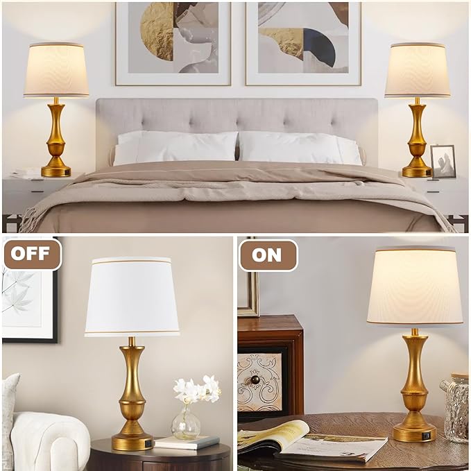 Luvkczc Gold Touch Table Lamps Set of 2, 22" Bedside Lamps with USB C+A Ports,Dimmable Nightstand Lamps with White Lampshade,Table Lamps for Bedroom Living Room Bedroom Office, Bulbs Included