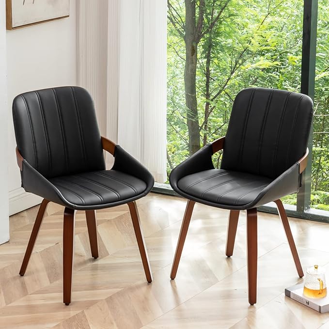 Mid Century Modern Faux Leather Upholstered Dining Chairs,Armless Accent Chairs with Sturdy Natural Wood Legs,Bamboo Backrest Support for Kitchen&Dining Room Chairs(Set of 4,Black PU)
