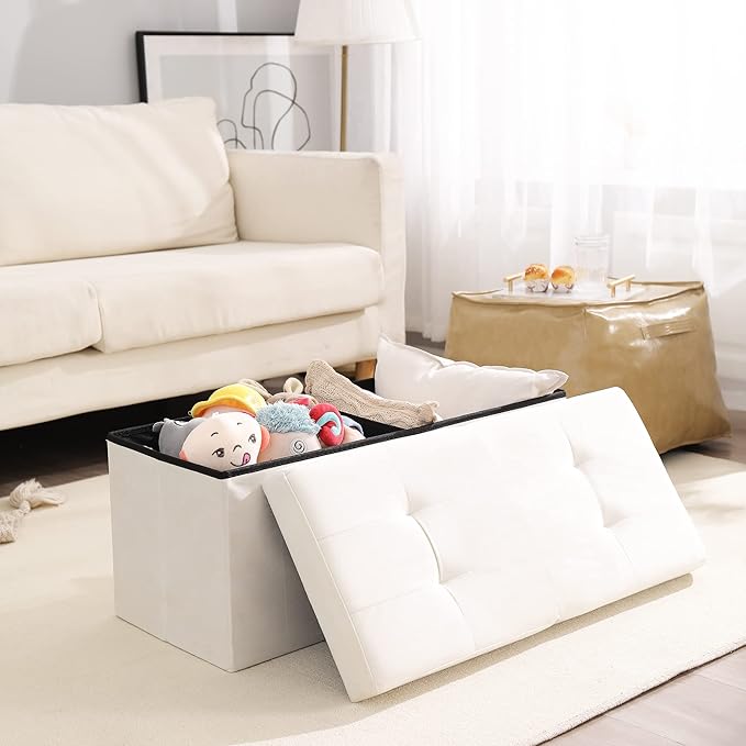 CUYOCA Storage Ottoman Bench Foldable Seat Footrest Shoe Bench End of Bed Storage with Flipping Lid, 75L Storage Space, 30 inches Velvet Cream