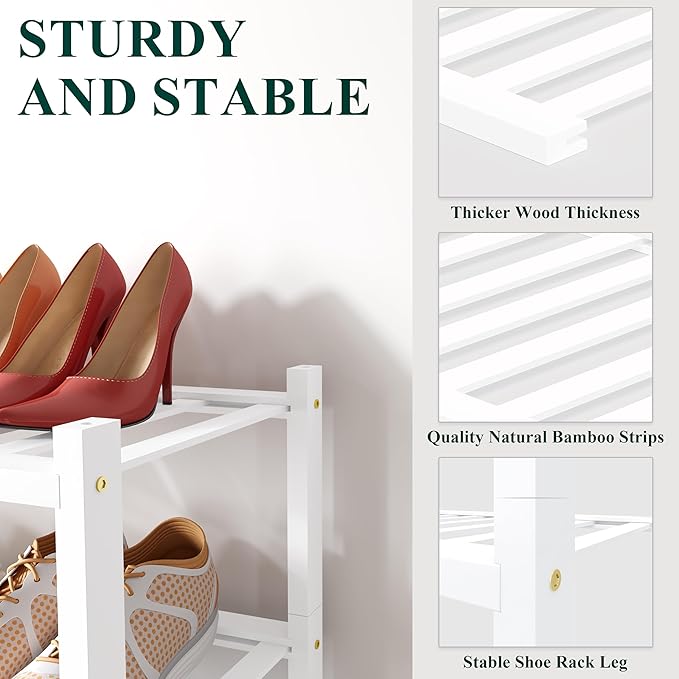 Smiry Shoe Rack, 5 Tier Small Bamboo Shoe Organizer, Stackable Free Standing Wooden Shoe Storage Shelf for Closet, Entryway, Front Door Entrance, White