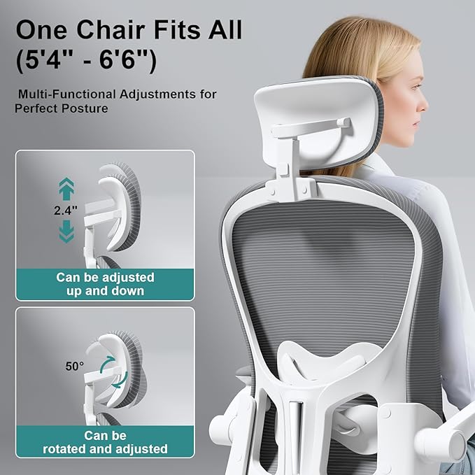 Ergonomic Office Chair with Adjustable Lumbar Support and Headrest, High Back Mesh Desk Chair for Home Office,Flip-Up Arms 90-120° Tilt Lock Rolling Swivel Task Chairs (White-Grey6065)