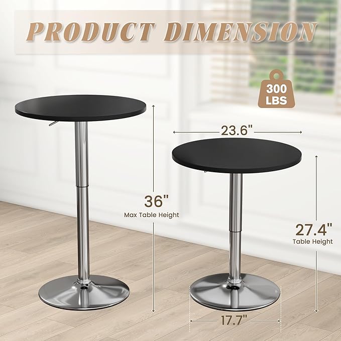 Shahoo Round Bar Table, Adjustable Height and 360° Swivel Bistro Pub Table, Cooktail Table for Bar, Bistro, Dining Room, Black with Silver Base