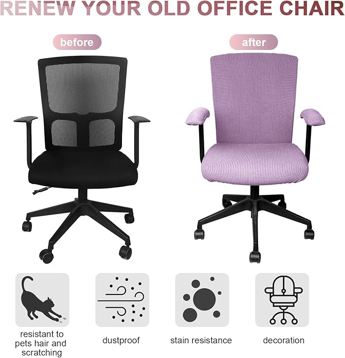 Tallew 4 Pcs Office Chair Covers Set Computer Universal Protective Stretchable Chair Seat Covers Desk Armrest Slipcovers Pads Office Cushion Backrest for Rotating (L,Purple)