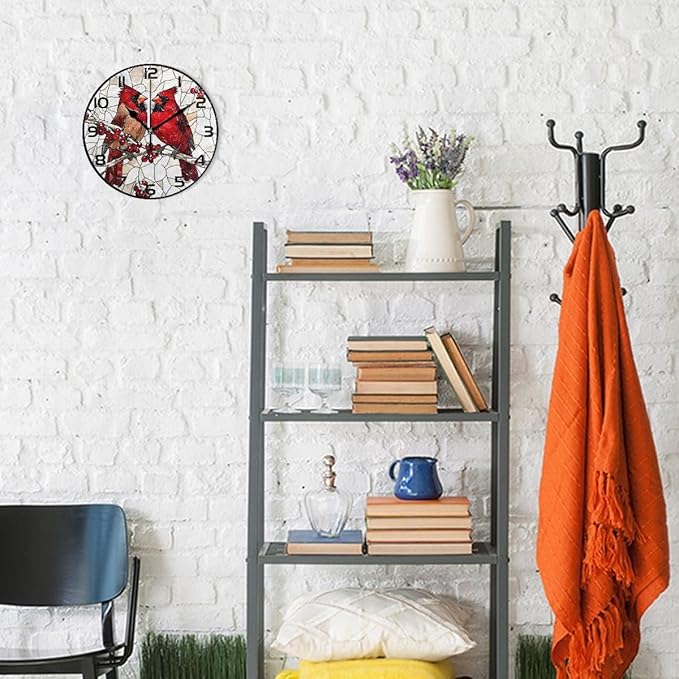 Wall Clocks Decorative Bedroom Silent Living Room Desktop Berry Bird Christmas Tabletop Shelf Clocks Round Battery Operated 10 Inch Non-Ticking
