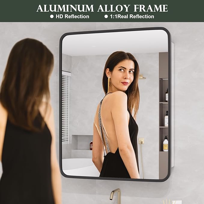 WallBeyond Bathroom 22x28 Inch Black Recessed Medicine Cabinet with Round Corner Aluminum Alloy Metal Framed, Single Door Modern Medicine Cabinet with Storage