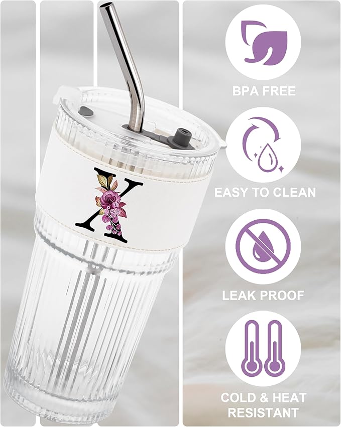 Initial Glass Cup with Lid Straw Ribbed Ice Tea Latte Tumbler Matcha Coffee Best Friend Friendship Happy Birthday Close Women Bff Stuff Bestie Soul Sister Ever Long Distance Cute Personalized Gift X