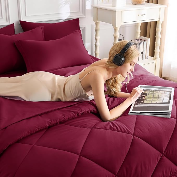 CozyLux Queen Comforter Set Burgundy - Bed in a Bag Queen Size 7 Pieces, Luxury Soft Bed Set for All Seasons, Bedding Set with Down Alternative Comforter, Sheets, Pillowcases & Shams, Red