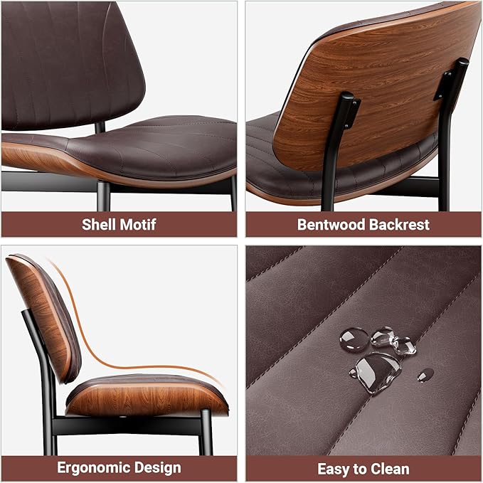 Dining Chairs Set of 6, Dining Room and Kitchen Chairs, Mid Century Modern Accent Chair, Upholstered PU Leather Chairs for Vanity with Walnut Bentwood and Metal Legs, Brown