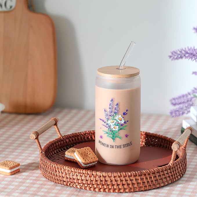 Christian Gifts for Women - Women of the Bible Glass Coffee Tumbler with Straw and Gift Box - 16oz Christian Mug for Mother's Day, Sister, or Bible Lovers (Frosted Glass cup)