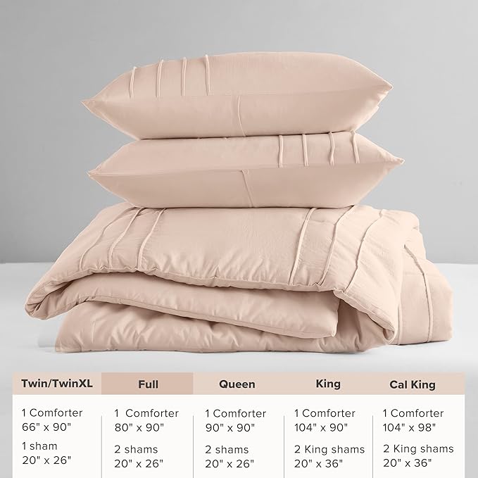 Comfort Spaces Blush Full Size Comforter Set - 3 Pieces Pintuck Pleated Bedding Sets, All Season Lightweight, Extra Softness Pre-Washed Microfiber Full Bed Set, Shams, Full