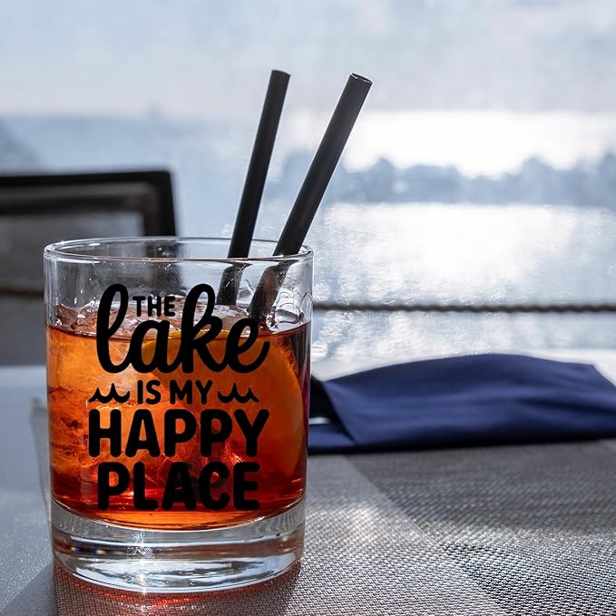 Lake Lovers Gifts Old Fashioned Whiskey Glasses, Like Life Gifts, The Lakes is My Happy Place 10 oz Rocks Barware Cup for Cocktail Drinks Scotch Bourbon Liquor