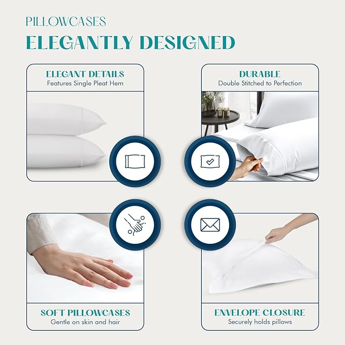 XOOX Linen 100% Egyptian Cotton Pillow Cases Standard/Queen Size Set of 4 - Luxury 1200 Thread Count Sateen White Pillow Cases, Silky Soft Cooling Pillowcases Fits Standard & Queen Size Pillows