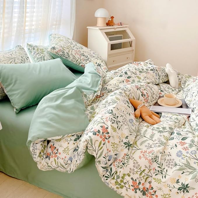 LifeTB Botanical Flower Duvet Cover Twin XL Sage Green Floral Duvet Cover 100% Cotton Wildflower Plants Pattern Floral Comforter Cover with 2 Pillowcases Girl Teen Vintage Floral Bedding Set Twin XL