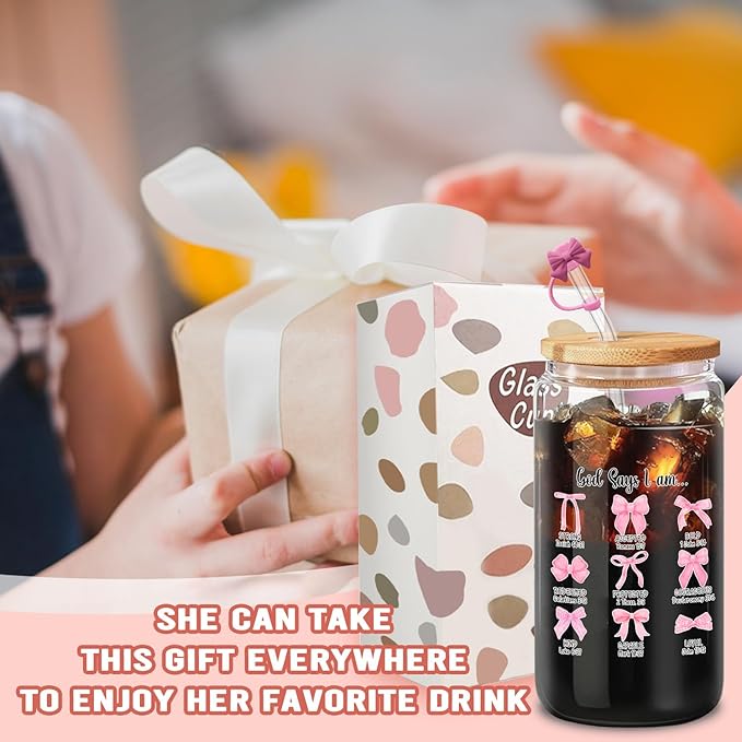 God Says I Am Inspirational Tumbler, Coquette Pink 16oz Glass with Lid and Straw, Gift Set with Cleaning Brush, Uplifting Present for Christian Women, One Piece