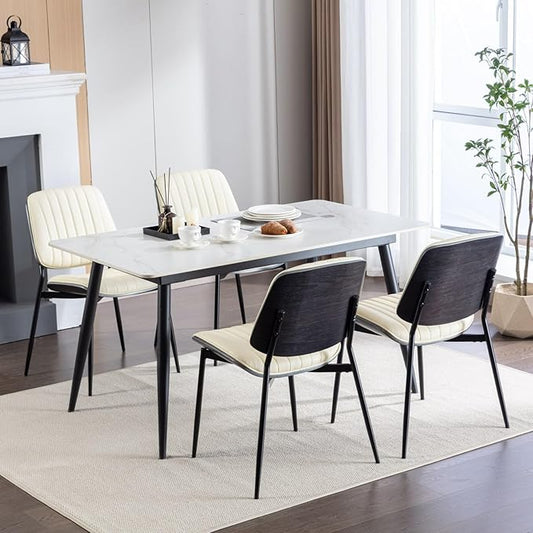 Dining Chairs Set of 4, Mid Century Modern Accent Dining Room and Kitchen Chairs, Upholstered PU Leather Vertical Stripe Chairs for Vanity with Walnut Bentwood and Metal Legs, Beige