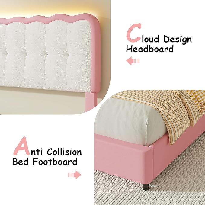 BarnFurin Full Size Bed Frame with LED Lights, Full Bed Frame with Headboard LED Lights, Upholstered Platform Bed with Cloud Headboard, No Box Spring Required, Easy Assembly, Pink