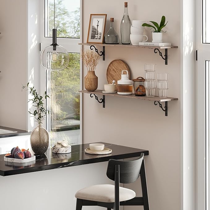 DINZI LVJ Long Wall Shelves, 31.5" Large Floating Shelves Set of 2, Farmhouse Display Shelf Wall Mounted with Heavy Duty Brackets, Easy Assembly for Kitchen, Bathroom, Bedroom, Balcony, Greige