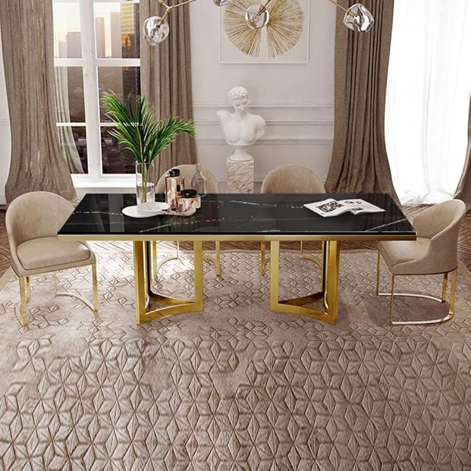 POVISON Marble Dining Table for 6, Modern Table 71" for Kitchen & Dining Room, Luxury Black Dining Table with Gold Trestle Pedestal(Table Only)