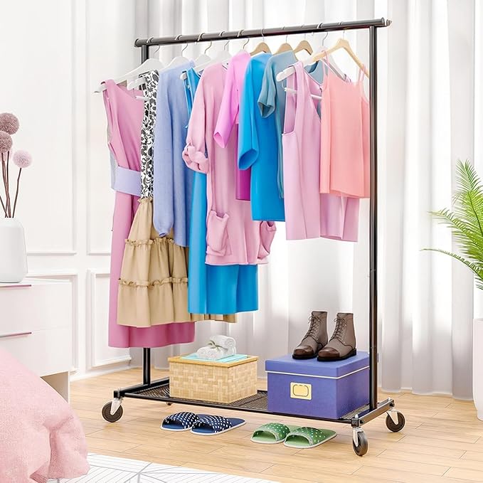 Clothes Rack with Wheels, Clothing Rack for Hanging Clothes, Rolling Garment Rack Sturdy Coat Rack Portable Wardrobe Rack Metal Closet Rack for Bedroom, Laundry Living Room, Black