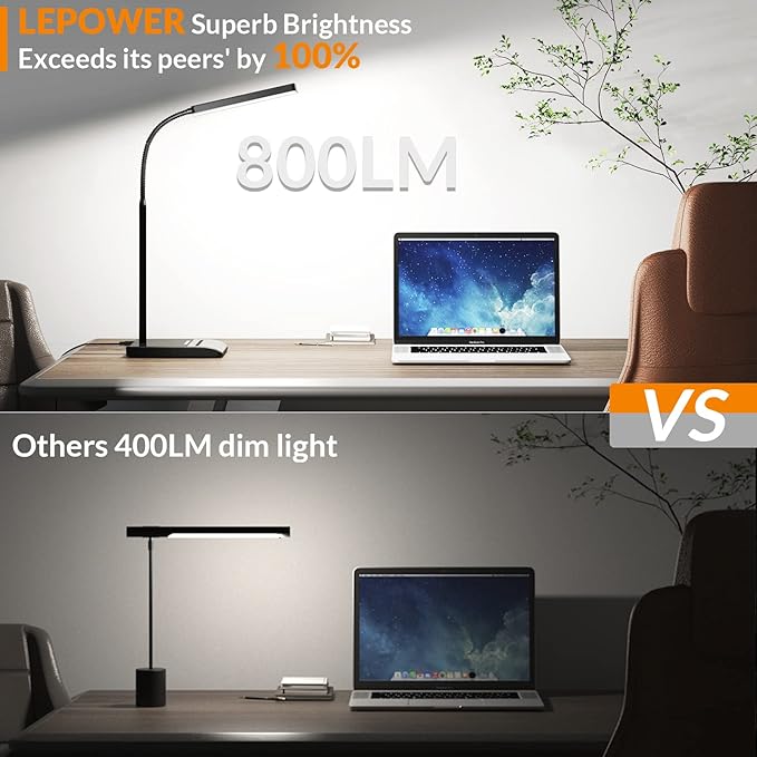 LEPOWER Desk Lamp, 800LM LED for Home Office, 12W Reading for Desk, Eye-Caring Light, Touch Table Gooseneck Lamp, 50 Lighting Modes, Bright for Bedroom, Study (Black)