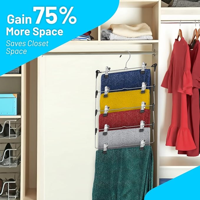 DEILSY™ 5-Tier Skirt Hangers with Clips (3 PK) Pant Space Saving Multiple in one Clothes with Clip Multiple Pants Hanger for Closet Bottom Hangers Metal Hanger with Clips