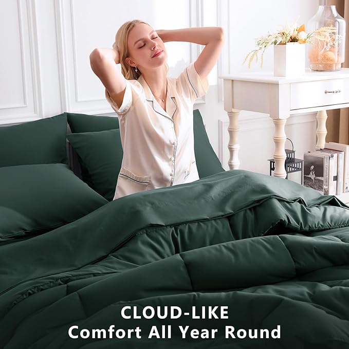 CozyLux King Size Comforter Set Forest Green, 7 Pieces Bed in a Bag, Green Comforter King Size, All Season Bedding Sets with Stitch Quilted Comforter, Flat Sheet, Fitted Sheet, Pillowcases