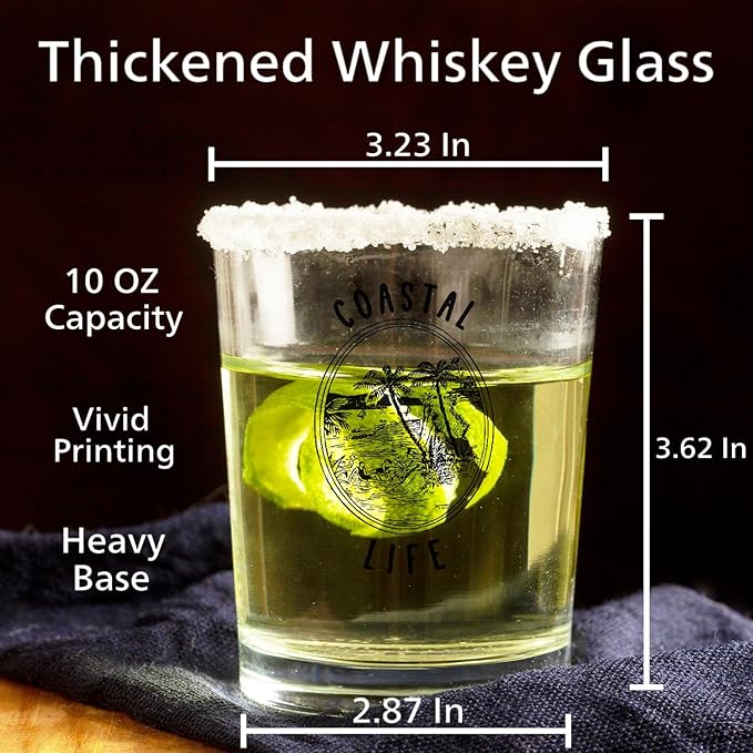 Beach Coastal Whiskey Glasses 10 oz, Beach Lover Gifts, Tropical Palm Tree Coastal Old Fashioned Rocks Glasses Cup for Women Men Drinking Scotch Bourbon Liquor