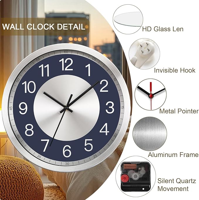 Silent Wall Clock Decorative,Analog Stainless Steel Wall Clock Battery Operated,12 inch
