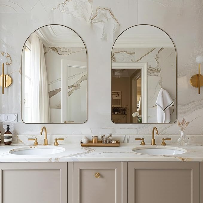 ANDY STAR Arched Mirror, 24 x 38 Inch Gold Vanity Mirror in Stainless Steel Metal Frame, Arch Top Rounded Corner 1 Inch Deep Set Design Wall Mount Hangs Vertical