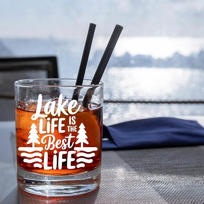 Lake Life Gifts Old Fashioned Whiskey Glasses, Gifts for Lake Lovers, Lakes Life Is The Best 10 oz Rocks Barware Cup for Cocktail Drinks Scotch Bourbon Liquor