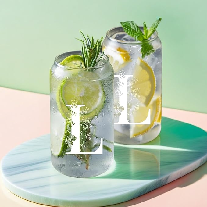 Unique Initial Glass Cup with Lids and Straws, Monogrammed Gifts Box Included Makeup Bag, Christmas Birthday Gifts for Women Mom Sister Grandma, L