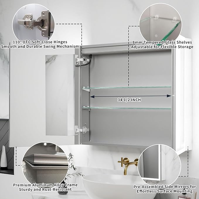 GroGro LED Lighted Bathroom Medicine Cabinet with Mirror,36" W x 30" H Medicine Cabinet with Lights,Surface or Recessed Mounting,Defog,Dimming,3-Color Temperature Adjustment