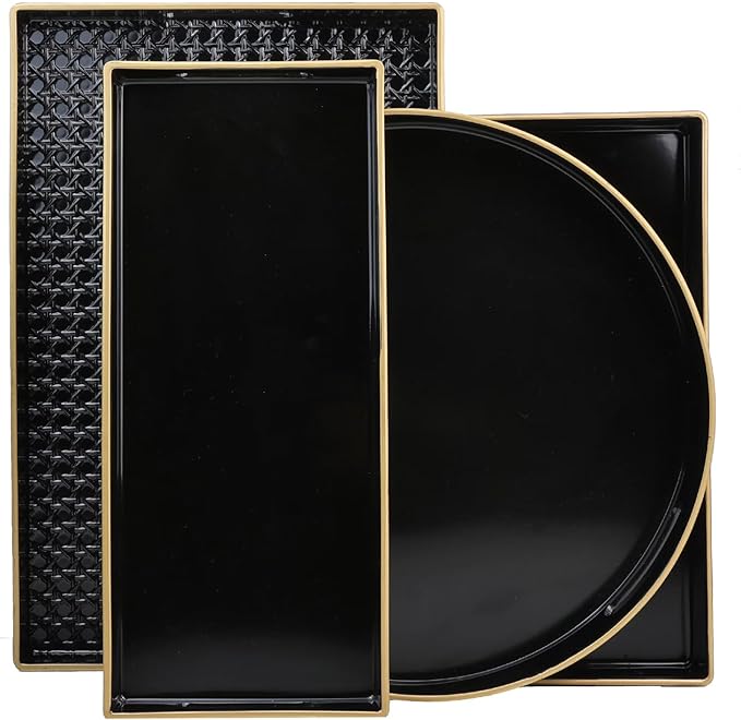 Black Round Decorative Tray with Handles, 13" Elegant Coffee Table Serving Tray for Ottoman Living Room, Bathroom, Outdoors, Breakfast