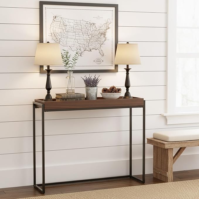 Narrow Console Table Solid Wood, Slim Entryway Table with Storage Groove, Farmhouse Small Sofa Table Behind Couch for Hallway, Living Room, Foyer(Brown 9.8" W,31.5" Lx31.5 H)