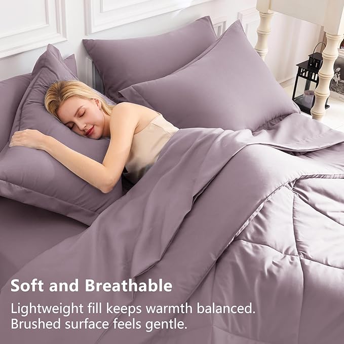 CozyLux King Size Comforter Set Dusty Purple - 7 Pieces Bed in a Bag King, Soft Bed Set for All Seasons, Bedding Set with Down Alternative Comforter, Sheets, Pillowcases & Shams, Grayish Purple