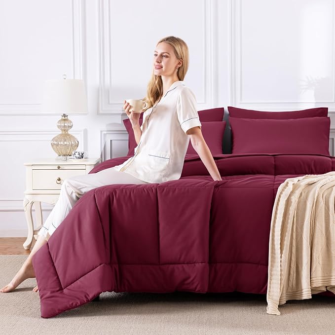 CozyLux King Size Comforter Set Burgundy, 7 Pieces Bed in a Bag, Red Comforter King Size, All Season Bedding Sets with Stitch Quilted Comforter, Flat Sheet, Fitted Sheet, Pillowcases