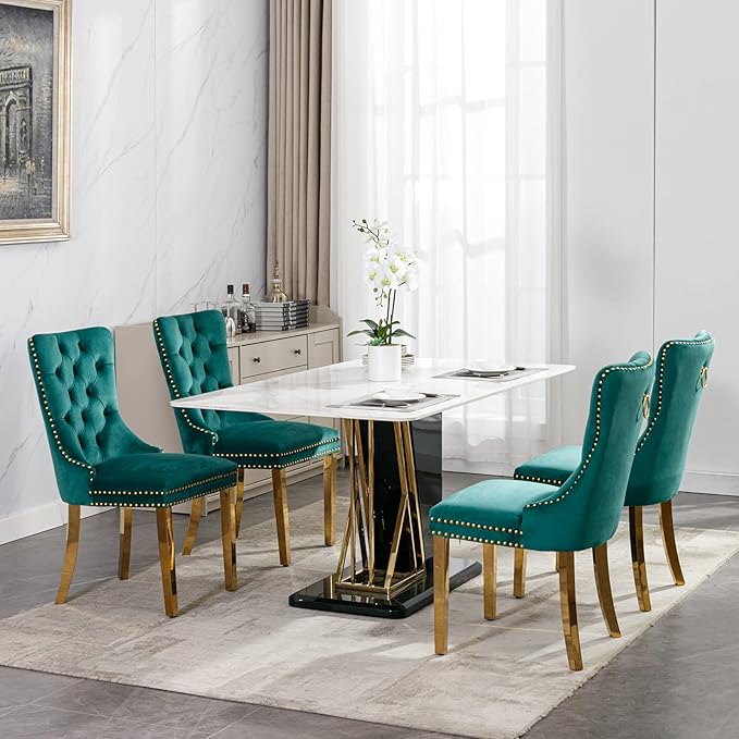 Luxury Upholstered Dining Chairs Set of 8, Green Kitchen Chair with Golden Metal Legs, Velvet Tufted Back Dining Chair, Sillas de Comedor, Modern Kitchen & Dining Room Chairs (Green, 8 Pcs)