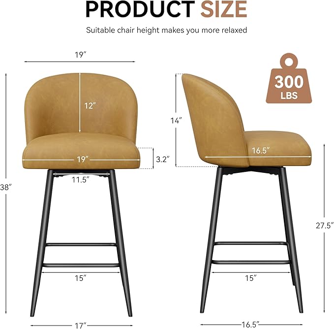 Counter Height Bar Stools Set of 2,360° Swivel Barstools with High Back and Metal Legs,26" Seat Height, Upholstered PU Leather Bar Chairs for Kitchen Island, Dining Room,Cafes,Yellow