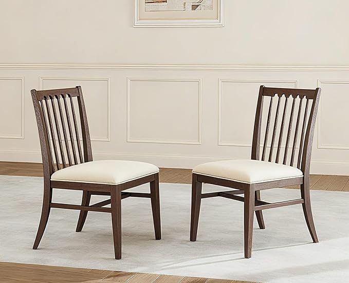 chairus Upholstered Kitchen Chairs Set of 2, Walnut Wooden Barrel Dining Chairs with Slat Back Double-Layer Cushion Farmhouse Accent Chairs for Dining Room/Living Room/Restaurant, Linen Beige