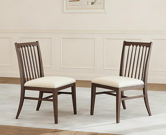 chairus Upholstered Kitchen Chairs Set of 2, Walnut Wooden Barrel Dining Chairs with Slat Back Double-Layer Cushion Farmhouse Accent Chairs for Dining Room/Living Room/Restaurant, Linen Beige