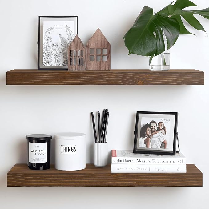 Homeforia Classic Walnut 24 inch Floating Shelf, High End Solid Real Wood Small 24inch Floating Shelves for Wall Mounted, 24in Floating Shelves, Heavy Duty Bracket, 24 X 6.5 X 1.75 inches, Set of 4
