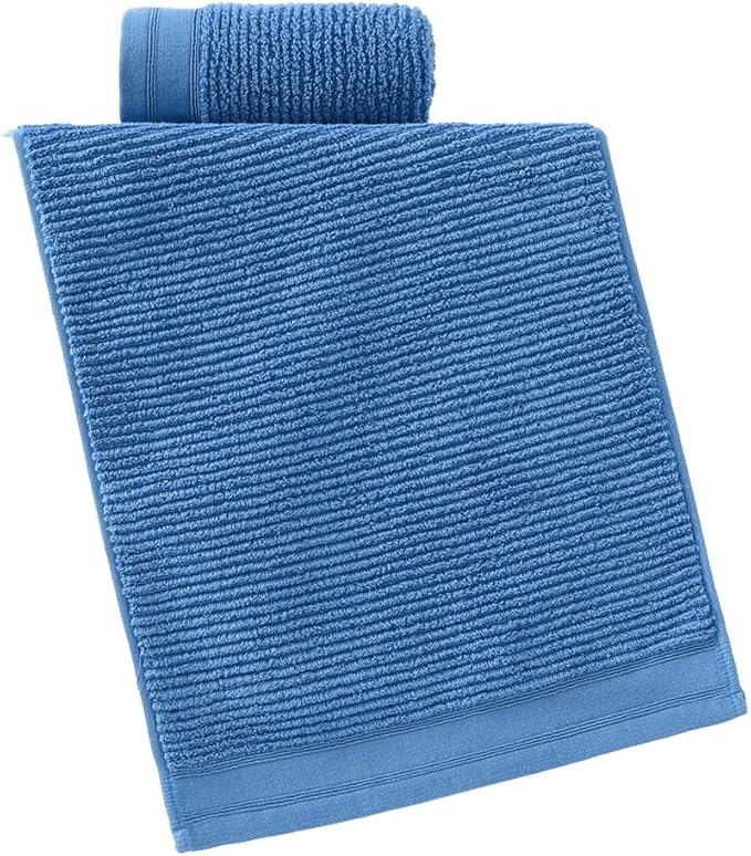 YiLUOMO 100% Cotton Blue Hand Towel Set of 2 Ribbed Striped Pattern Soft Absorbent Decorative Towel for Bathroom 13 x 29 Inch