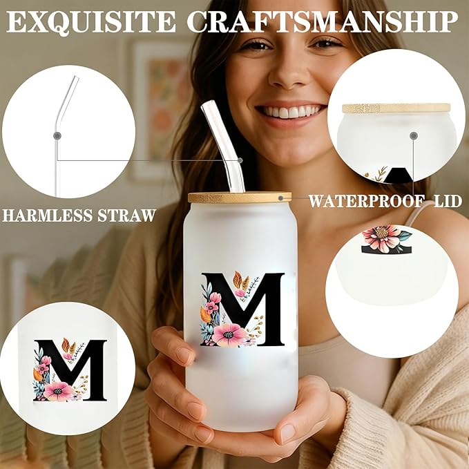 Monogrammed Glass Drinking Cup With Lid Straw Personalized Customized Post Cards Women Happy Birthday Christmas Xmas Day Holiday Gift for Female Boss Teacher Aunt Big Small Sister in Law Weding,R