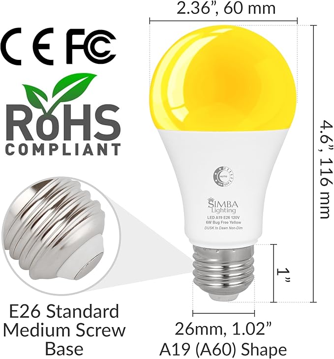 Simba Lighting Bug Non-Attracting Yellow LED Bulb 6W 40W Equivalent (4 Pack), Great for Outdoor Porch Light, Night Light, Dusk-to-Dawn Smart Sensor Auto On/Off, Amber Warm Light, A19 E26 Medium Base