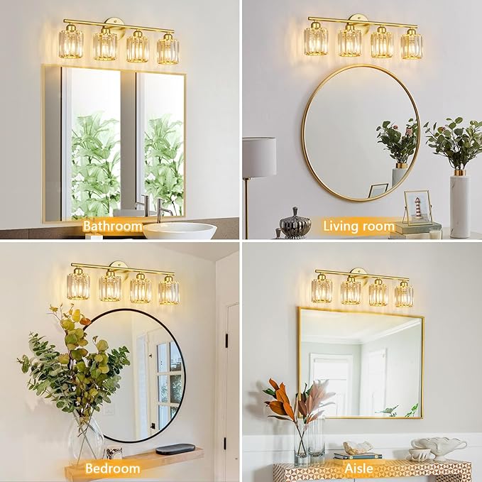 Modern 4 Light Crystal Vanity Light, Gold Vertical Bathroom Light Fixture Over Mirror for Dressing Table Sink, Compatible with Dimmable Bulbs (Bulbs Not Included)