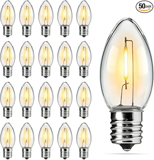 Brightown 50 Pack C9 LED Christmas Light Bulbs, Clear Plastic C9 Shatterproof LED Bulbs Replacement for Christmas String Lights, E17 Intermediate Base, Commercial Dimmable Holiday Bulbs