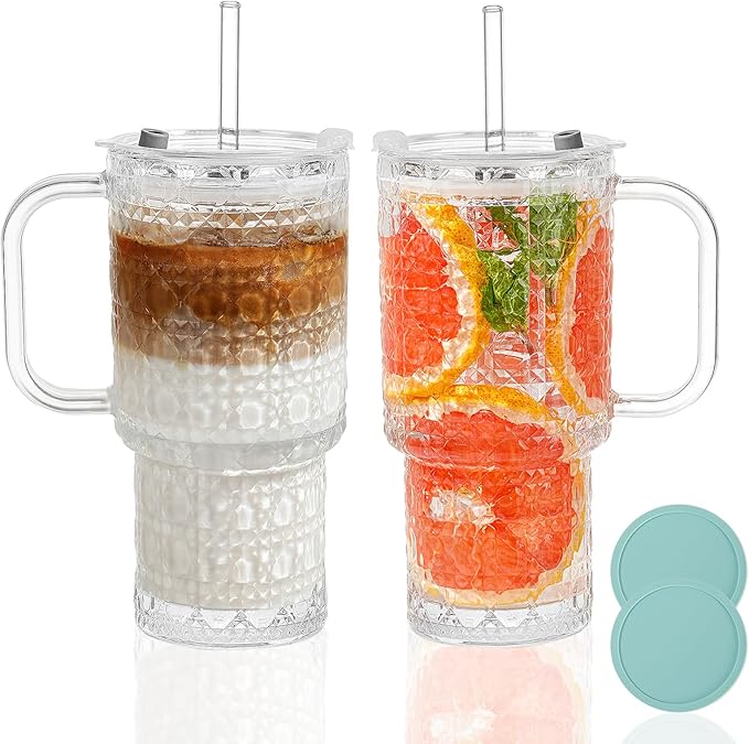 17oz Water Glass Tumbler with Handle & Lid Coasters, Reusable Iced Coffee Cups with Straws – Set of 2, Glass Cups for Smoothies, Juice, Coffee, Tea