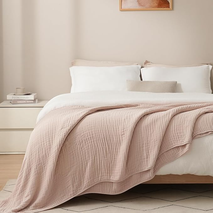 PHF Cooling Muslin Blanket King Size 104"x80", 6-Layer Lightweight Gauze Blanket Made from 35% Rayon Derived from Bamboo & 65% Cotton, Breathable & Ultra Soft Cozy, Aesthetic Home Decor, Cameo Rose