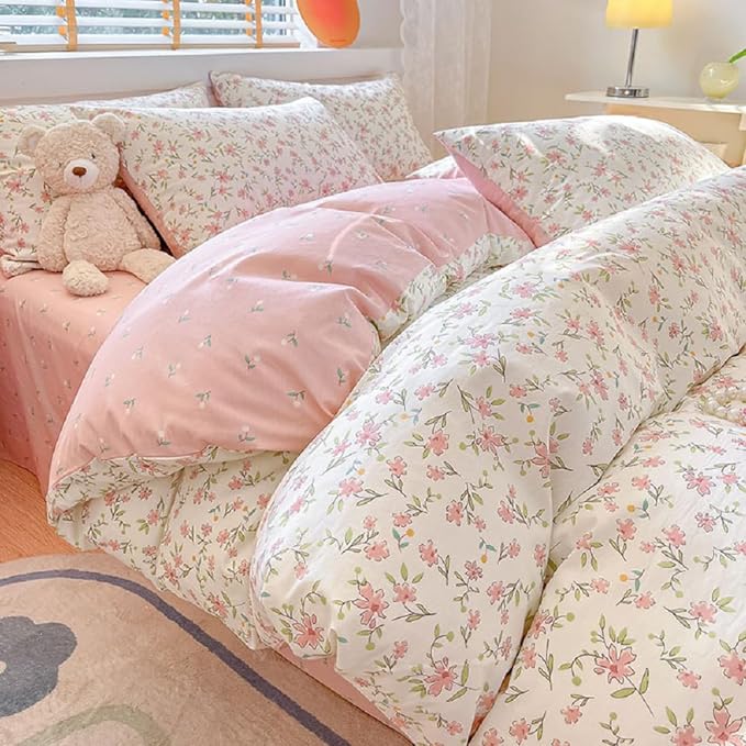 Vintage Style Pink Floral Duvet Cover Queen Cotton Garden Flower Comforter Cover Girls Cute Floral Bedding Set Chic Botanical Comforter Cover with 2 Pillowcases White Floral Duvet Cover with Zipper