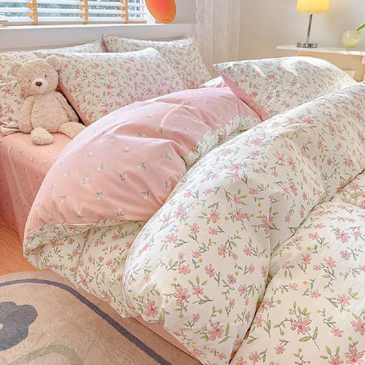 Vintage Style Pink Floral Duvet Cover Queen Cotton Garden Flower Comforter Cover Girls Cute Floral Bedding Set Chic Botanical Comforter Cover with 2 Pillowcases White Floral Duvet Cover with Zipper